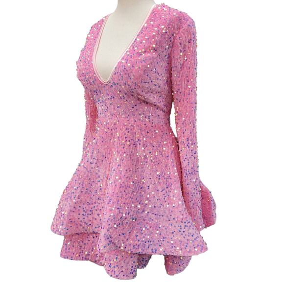NWT Bubblegum Pink Sequin Short Dress Long Sleeves Open Corset Back - Picture 4 of 10